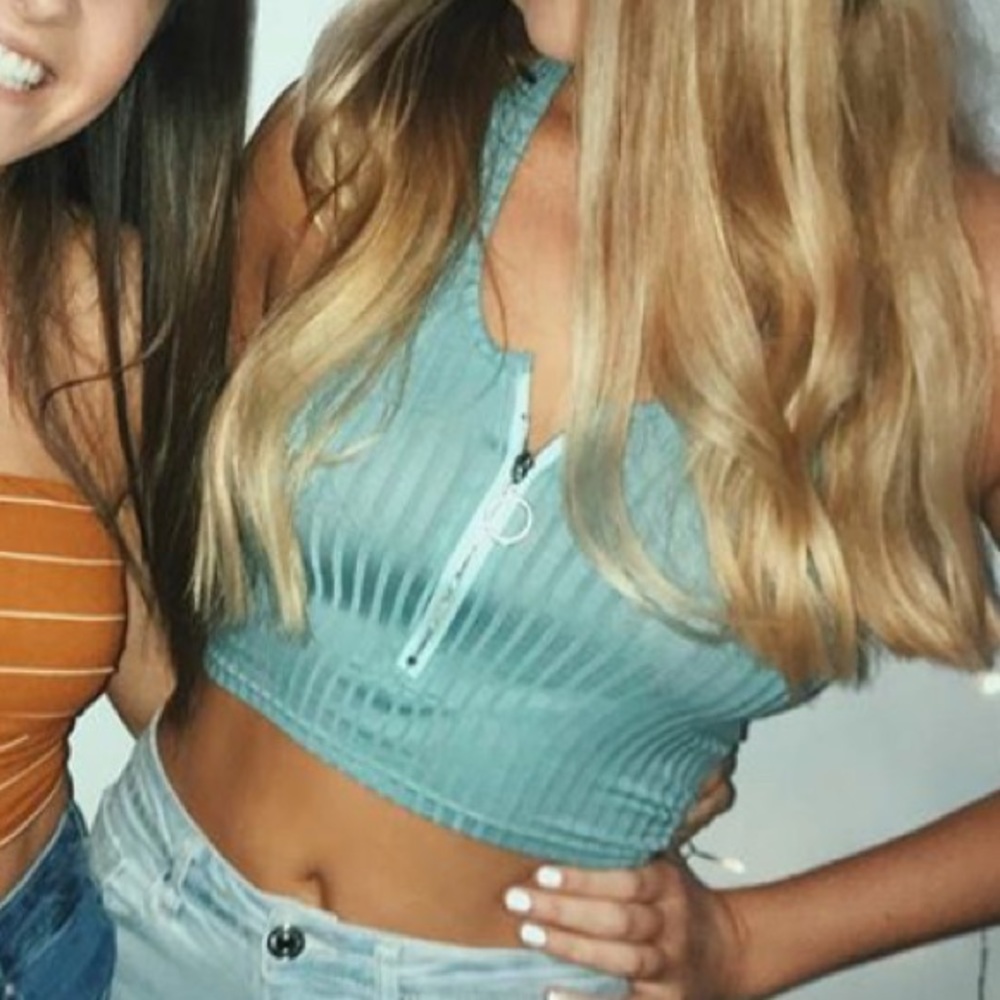 Teal O-Ring Zipper Halter Crop Top
